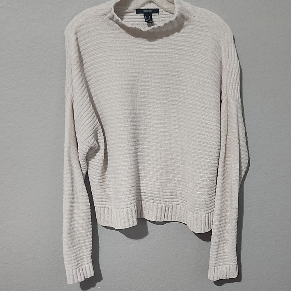 Forever 21 Sweater Womens Size M Cream Ribbed Crop Tunic